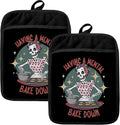 Gothic Halloween Skeleton Baker Pot Holders for Kitchen, Gifts for Baking Lovers, Trendy Funny Goth Skull Heat Resistant Hot Pads and Oven Mitts for Baking Cooking