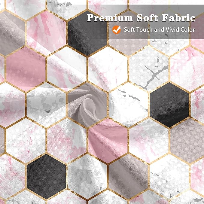Culudea Geometric Gold Pink Shower Curtain Set, Gray Marble Vintage Bathroom Window Waterproof Shower Curtain Set for Bathroom Decor