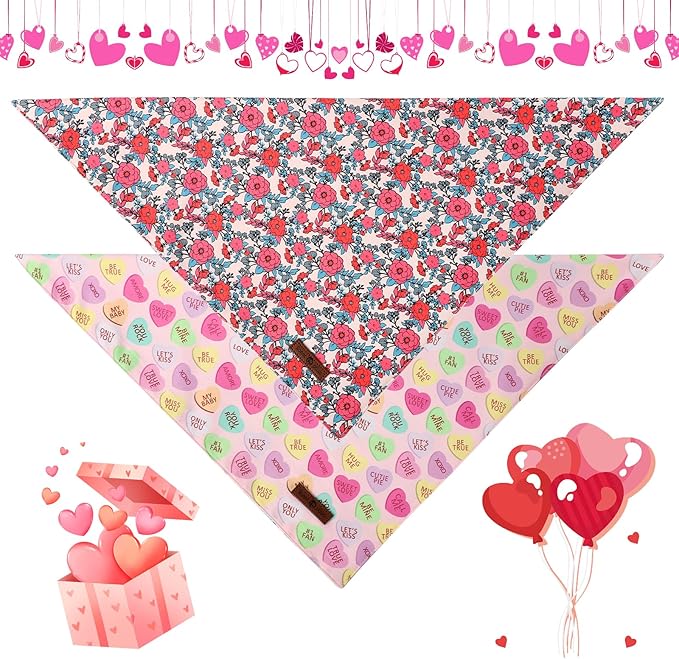 Lionet Paws Valentine's 2pcs Dog Bandanas, Red Floral Dog Scarf Bib Premium Fabric, Happy Valentine Heart Bandanas for Small Dogs Pets
