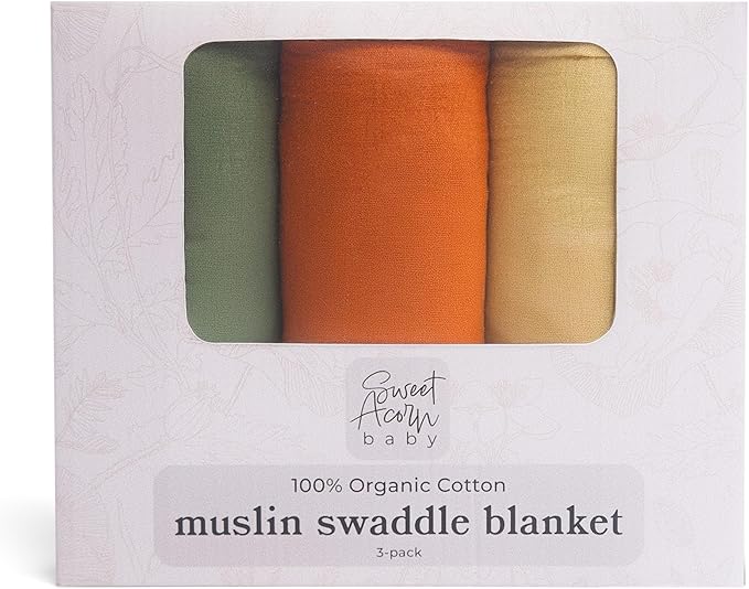 Sweet Acorn Muslin Swaddle Blanket – Soft Cotton Muslin Baby Blanket for Newborns, Infants, and Toddlers, All-Season Comfort Baby Essential - Green, Orange, Yellow