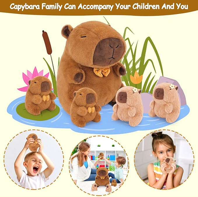 Achwishap 5PCS Capybara Plush,Capybara Stuffed Animal Mommy with 4 Capybaras Babies Plush Toy,Cute Plushie Capybaras Hugging Pillow Cuddle Plushie for Kids Girls Boys Birthday,Capy bara Family 16”