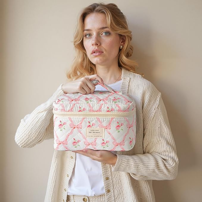 HBselect Christmas Gifts Large Quilted Makeup Bag, Cute Cotton Travel Makeup Bag with Handle, Portable Coquette Floral Make up Bags, Toiletry Organizer Make up Bags for Women Teen Girls Mom