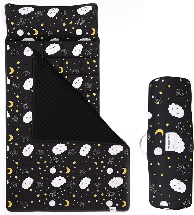 PRISTIVIO Roll Up Kids Nap mat with Fleece Ultra-Soft Minky Blanket and Pillow – Soft Toddlers Sleeping Mat with Dreamy Star-and-Cloud Design for Daycare, Preschool, Travel, Camping, Kindergarten