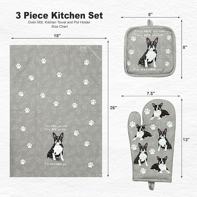 Boston Terrier 3-Piece Kitchen Set - Oven Mitt, Pot Holder & Kitchen Towel Set, Heat Resistant up to 420 F, Soft Quilted Cotton for Cooking, Baking, BBQ, Pet Lover Gifts (Boston Terrier)