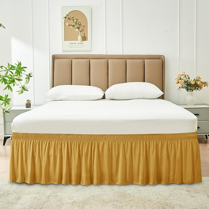 Biscaynebay Wrap Around Bed Skirts for Full & Full XL Beds 17" Long Drop, Gold Adjustable Elastic Dust Ruffles Easy Fit Wrinkle Resistant Silky Luxurious Fabric Machine Washable