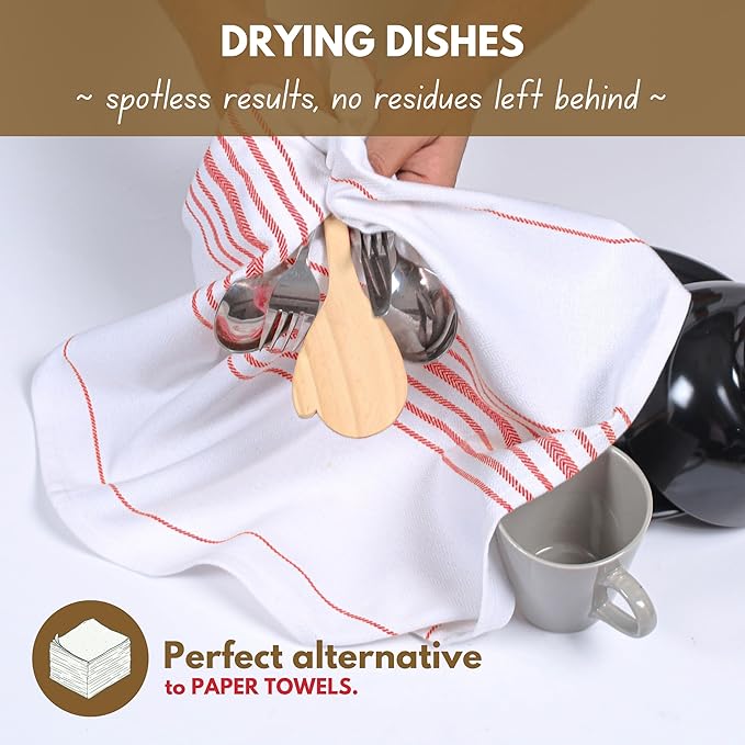 Native Fab 100% Cotton Red Kitchen Dish Towels Set of 4 Scandia Stripe 16"x26" - Herringbone Tea Towels, Dish Cloths for Drying Dishes, Absorbent Towels Set with Hanging Loop - Red White