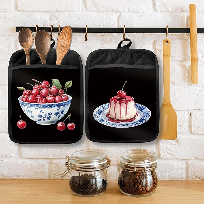 Chinoiserie Cherry Cake Pot Holders with Pockets, Red and White Grandmillennial Cherry Fruit Oven Pot Holders Heat Resistant Oven Mitts Hot Pads for Kitchen Baking Cooking