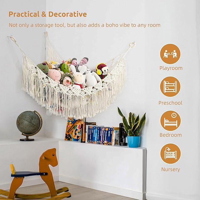 FLOCNOKY Large Stuffed Animal Net or Hammock, Stuffed Animal Storage Macrame Toy Hammock Hanging Net for Stuffed Animals Corner, Plushie Net Hammock Toy Organizer for Boho Kids Room Nursery Playroom