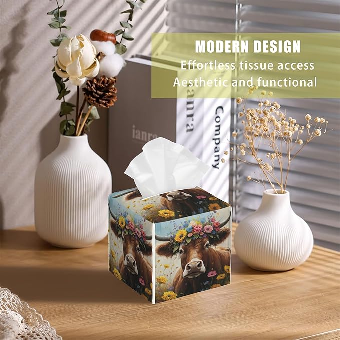 BLYKVGHQ Leather Tissue Box Holder Cow with Flowers Tissue Box Cover Facial Paper Case Organizer Cube Napkin Dispenser for Bathroom Vanity Countertop Night Stand Office Car
