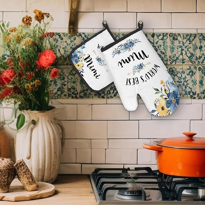 Mimi Gifts Oven Mitts and Pot Holders Sets, Gifts for Mimi from Grandkids Kitchen Decor Accessories Sets, World’s BestMimi Heat Resistant Oven Glove Potholders for Kitchen Cooking Baking BBQ