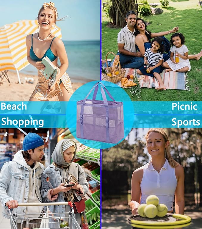 Fammart Mesh Beach Bag, Large Beach Tote Bags with Zipper, Toys Pool Bag for Family Travel Vacation Cruise Essentials