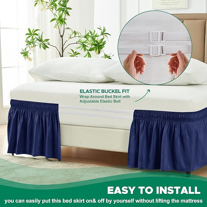 Biscaynebay Wrap Around Bed Skirts for Full & Full XL Beds 15" Drop, Navy Adjustable Elastic Dust Ruffles Easy Fit Wrinkle & Fade Resistant Silky Luxurious Fabric Machine Washable