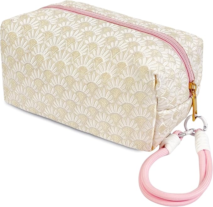 STARDW Aesthetic Floral Makeup Bag with Wrist Strap, Small Cute Cosmetic Pouch for Women with Zipper and Canvas Lining