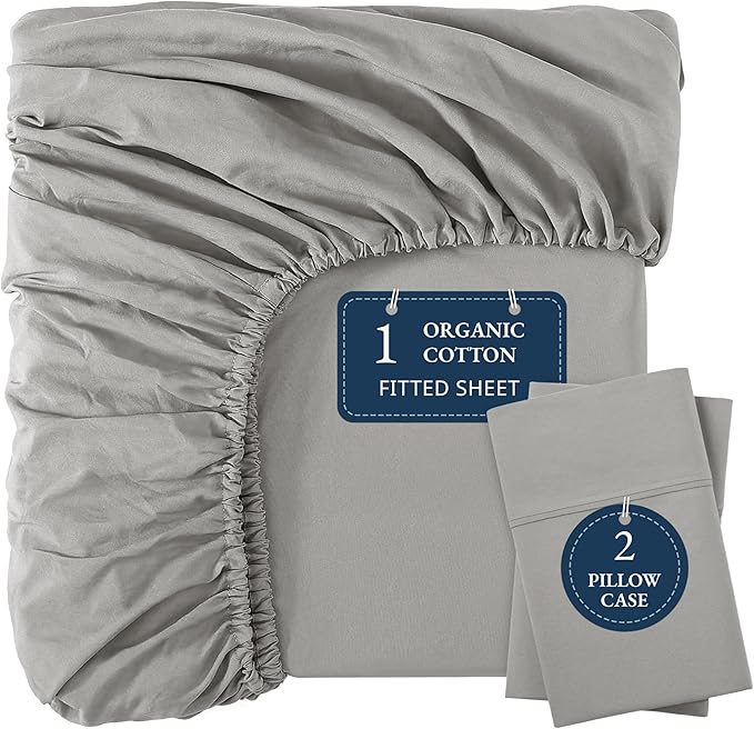 LANE LINEN Twin XL Fitted Sheet, 100% Organic Cotton 2-Piece Set (1 Fitted Sheet, 1 Pillowcase), Percale Weave, Bottom Sheet, Soft, Breathable, Fits Mattress Upto 15" Deep - Silver (No Flat Sheet)