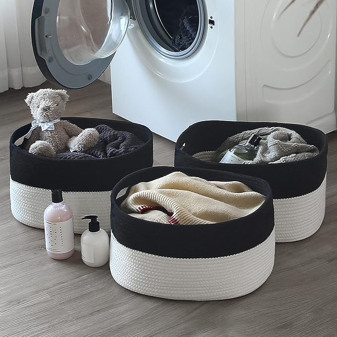 ECDYQXVU Cotton Rope Storage Basket, 15x10x9 Inches, Woven Basket for Shelves, Clothes, Towels, Books, and Laundry, Black/White (2 Pack)