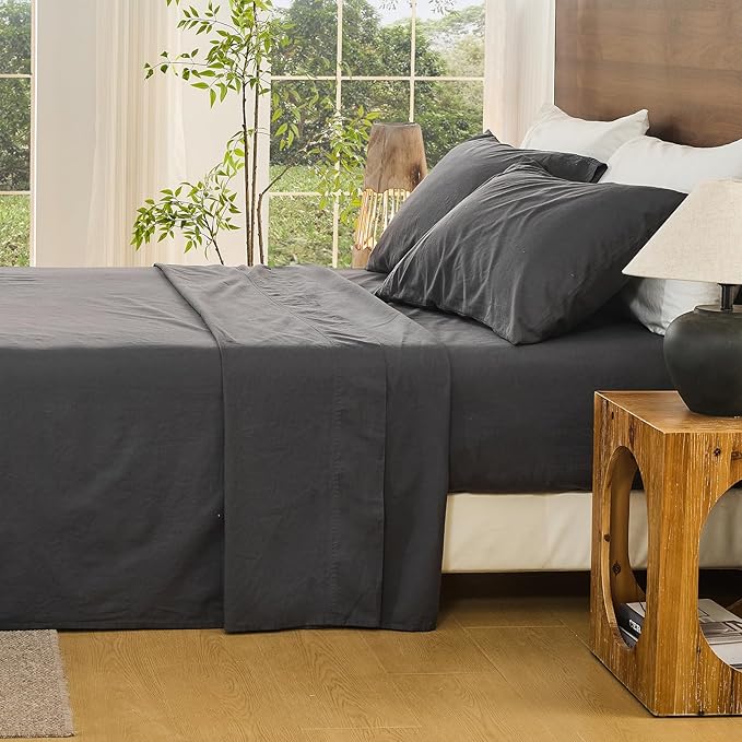 Bedlifes 100% French Flax Linen Sheets Set California King Size-6 Piece Extra Deep Pocket 18-24",Soft Breathable Cal King Bed Sheets with Temperature Regulating & Moisture-Wicking(Dark Grey