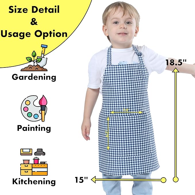 Kids Aprons for Cooking Waterdrop Resistant Aprons for Girl & Boy Toddler Apron for Painting, Gardening, Baking, Smock (Plaid Navy Blue, Small (3-5 years))