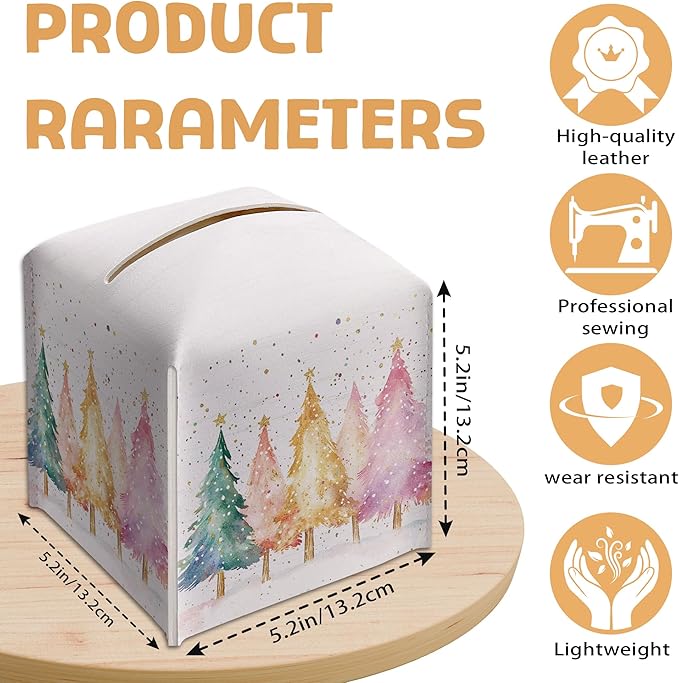 Christmas Tissue Box Holder, Colorful Christmas Tree Leather Tissue Box Cover Square, Paper Facial Decorative Tissues Cover for Night Stands Bathroom Kitchen Office Car Home Decor-B18