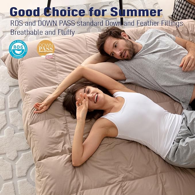 SNOWMAN Extra-Soft Down Blanket King, Lightweight Down Comforter with 8 Corner Tabs, Cooling Bed Comforter for Hot Sleepers, 22oz Fill Weight and Noiseless Down Proof Fabric (Khaki, 106"x90")