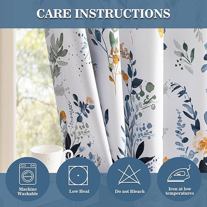 MYSKY HOME 95% Blackout Floral Curtains 84 inch Long 2 Panels for Bedroom Living Room Flower Patterned Room Darkening Thermal Insulated Soundproof Grommet Window Treatments, 52" Wide, Yellow and Blue