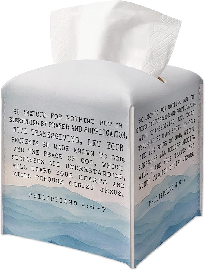 Christian Gifts Square Tissue Box Cover, Bible Verse Inspirational Quote Gift Ideas for Friends, Be Anxious for Nothing, Bathroom Office Decor, New Home Favor-(5.2 Inches)