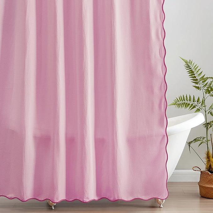 MONDAY MOOSE Scalloped Waffle Weave Shower Curtain with Rustproof Metal Grommet Holes for Bathroom, Machine Washable, Hooks Included (72x72 inch, Hot Pink/Light Pink)