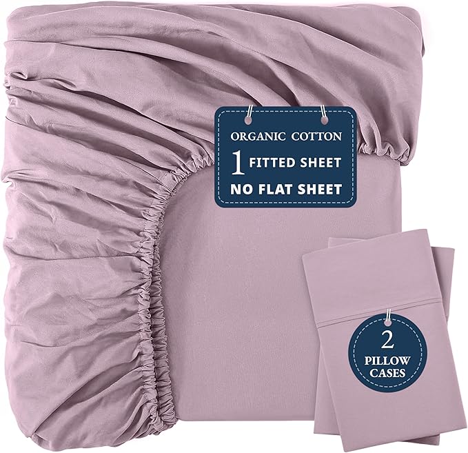 LANE LINEN 100% Organic Cotton Fitted Bed Sheets (+Pillowcase) 3 Pc Set Soft & Comfy Fully Elasticized Mercerized Cotton Deep Pocket Queen Fitted Sheet Fits Mattress Upto 15" Deep - Lilac