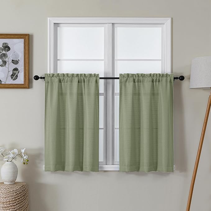 Lecloud Bessie Light Green Kitchen Curtains 30 Inch Length 2 Pcs, Faux Linen Textured Short Curtains for Small Windows, Light Filtering Tiers Window Treatments for Bedroom Bathroom, Each 30 W x 30 L