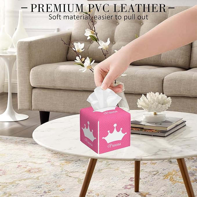 POIUBLE Leather Tissue Box Holder Pink Princess Crown Tissue Box Cover Square Waterproof Tissue Holder Organizer Modern Napkin Holder for Bedroom Dresser Night Stand Office Desk