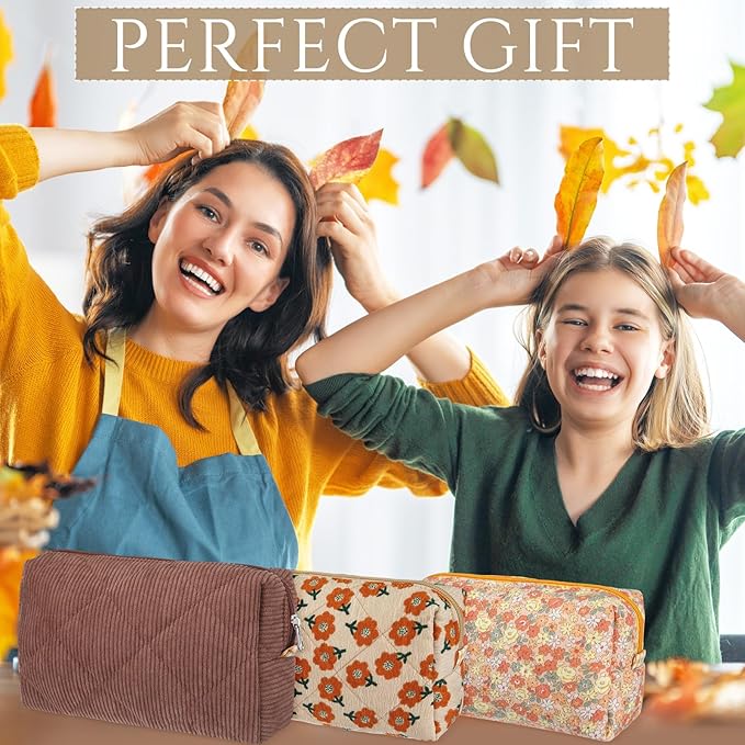 Paterr 10 Pcs Quilted Makeup Bag Bulk Cotton Floral Cosmetic Bag Women Girls Bridesmaid Gifts Cute Makeup Pouch Coquette Aesthetic Travel Toiletry Organizer(Yellow Floral,7.87 x 4.72 x 3.15 Inches)