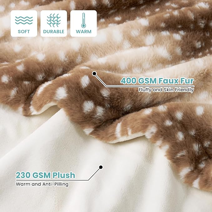 COZY KISS Christmas Deer Print Blanket, Waterproof Pet Blanket, Woman Sofa Bed Couch Faux Fur Throw, Liquid Pee Proof for Large Dog or Cat, Reversible, Washable, Ultra Soft, 50x60 inch, Brown
