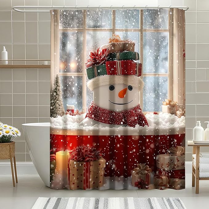 mutakin Winter Christmas Shower Curtain Cute Snowman Snowflake Shower Curtains for Bathroom Waterproof Fabric Bath Curtain Decor with Hooks