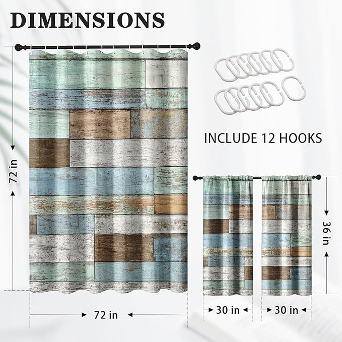 Culudea Wood Rustic Vintage Blue Brown Waffle Textured Cloth Shower Curtain Set, Farmhouse Retro Bathroom Window Waterproof Shower Curtains for Bathroom Decor
