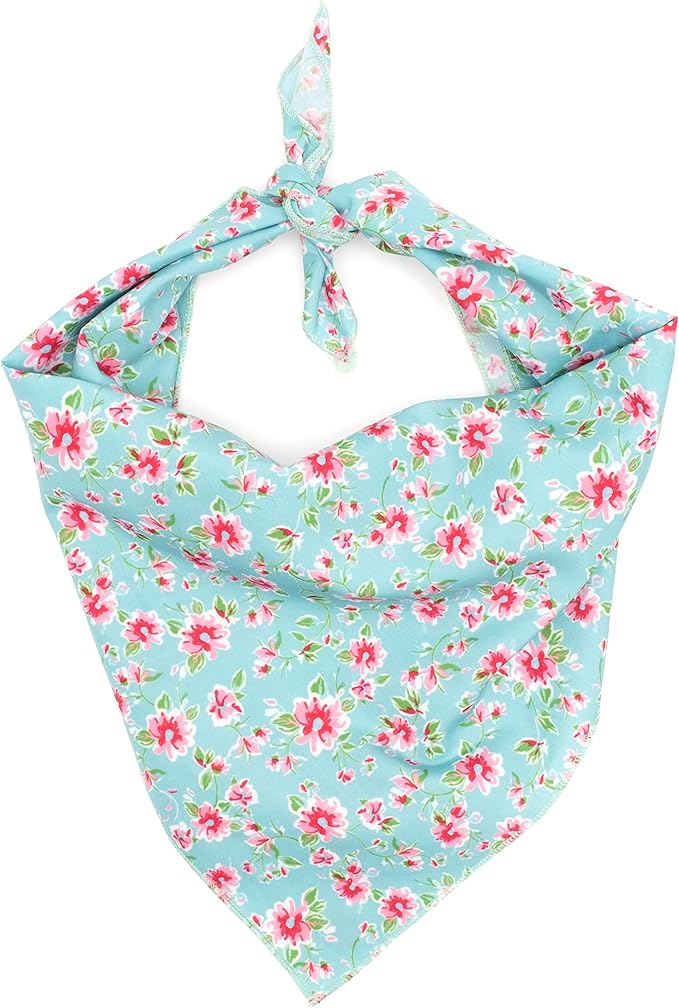 THE WORTHY DOG Classic Tie-Lo Dog Bandana – Soft Cotton Flannel Square Pet Bandana, Watercolor Floral Pattern, Teal, Large
