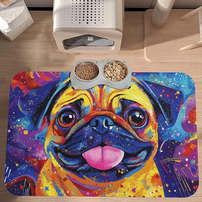 Pug Food Mat for Floors Waterproof,Quick Dry Anti-Slip Dog Bowl Mats for Food and Water,Pet Feeding Mats,Pet Placemat for Messy Drinkers to Protect Floors,Pets Supplies 23.62×15.75in