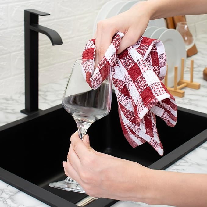 Blue Needles Waffle Weave Check Plaid Kitchen Towels, 15x25 Inches 100% Cotton Set of 6 Dish Towels for Kitchen, Soft & Absorbent for Quick Drying with Hanging Loop Spring Summer - Burgundy & White