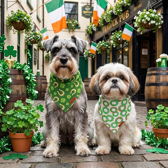 PTDECOR St. Patrick's Day Dog Bandana, Irish Reversible Pet Scarf, Premium Durable Fabric, Green Shamrock Donuts Pet Bandanas for Small Dogs Pets (Small)