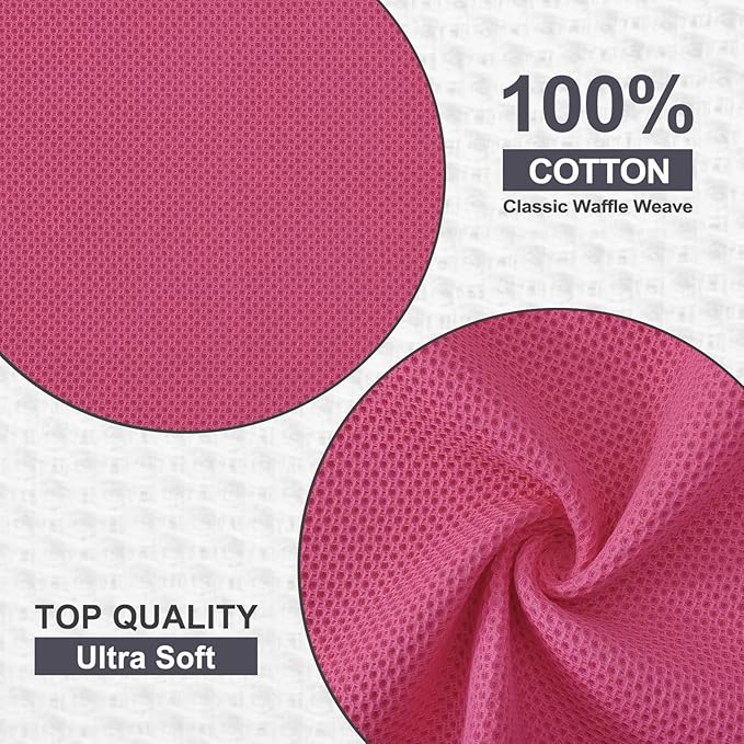 Kitinjoy 100% Cotton Kitchen Dish Cloths, 8 Pack Waffle Weave Ultra Soft Absorbent Dish Towels for Drying Dishes Quick Drying Kitchen Towels Dish Rags, 12 X 12 Inches, Hot Pink