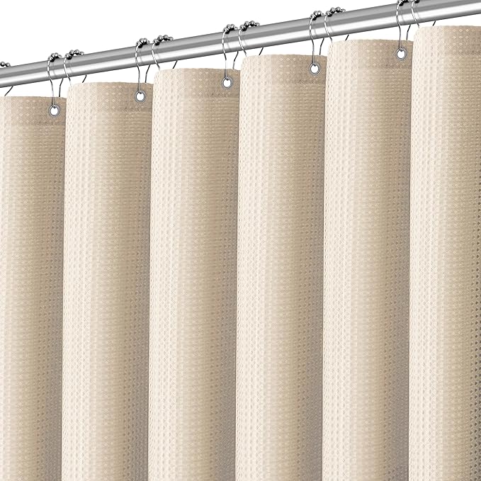 PANGSINNE Beige Fabric Shower Curtain - Waffle Textured Heavy Duty Shower Curtains for Bathroom, 256GSM Hotel Spa Luxury Weighted Bath Curtain with 12 Hooks, 72x78, Beige