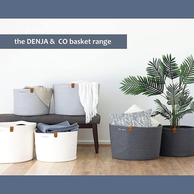 DENJA & CO Extra Large Blanket Basket for Living Room - Decorative Woven Baskets for Storage | Cotton Rope Large Baskets for Blankets, Pillows, Toys, or Laundry | Charcoal Gray (21" x 13.8")