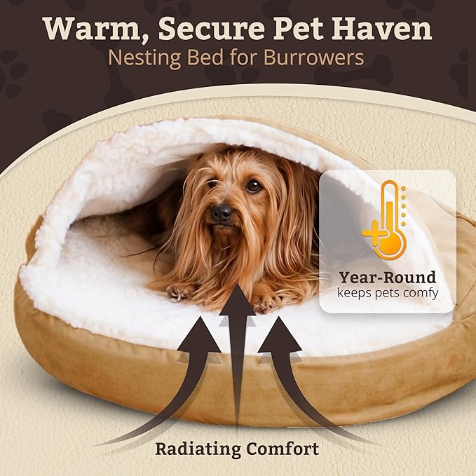 Snoozer Cozy Cave Dog Bed - Indoor Dog Bed with Cover Cave, Covered Calming Burrow for Small & Medium Sized Pets with Blanket Attached, Enclosed, Removable Washable Cover - Large, Camel