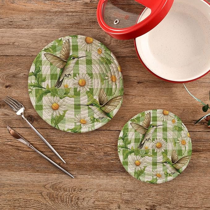 Sage Green Dandelions Trivets for Hot Dishes Pots and Pans Potholders Woven Trivet Cotton Round Large Pot Holder Decor Heat Resistant Hot Pads Mat for Table Counter Cooking Potholder Set of 2 (