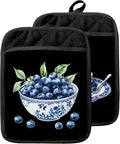 Chinoiserie Blueberry Cake Pot Holders with Pockets, Blue and White Grandmillennial Blueberry Fruit Oven Pot Holders Heat Resistant Oven Mitts Hot Pads for Kitchen Baking Cooking