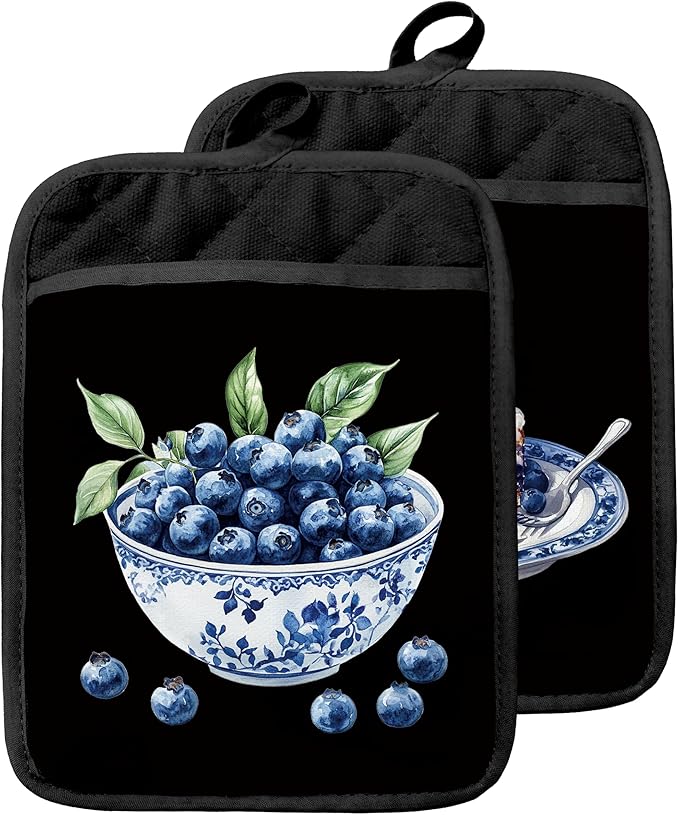 Chinoiserie Blueberry Cake Pot Holders with Pockets, Blue and White Grandmillennial Blueberry Fruit Oven Pot Holders Heat Resistant Oven Mitts Hot Pads for Kitchen Baking Cooking