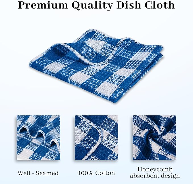 Blue Needles Waffle Weave Check Plaid Dish Cloths, 12x12 Inches 100% Cotton Set of 8 Dish Towels for Kitchen, Ultra Soft & Absorbent Kitchen Towels for Quick Drying Spring Summer - Sky Blue & White