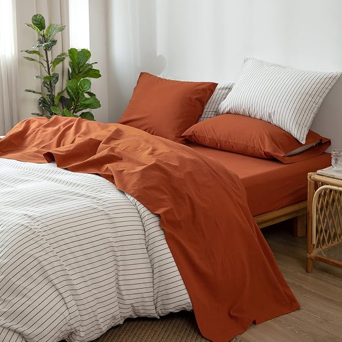 MooMee Bedding Sheet Set 100% Washed Cotton Linen Like Textured Breathable Durable Soft Comfy (Solid Rust Brown, King)