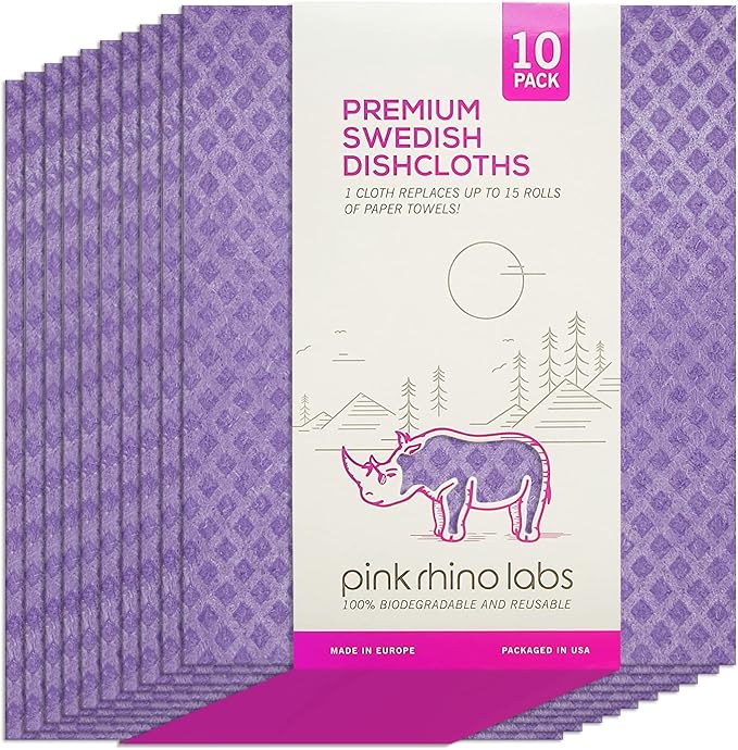 PINK RHINO LABS Swedish Dishcloths – Eco-Friendly Reusable Kitchen Towels – 10 Pack Cleaning Cloths for Dishes, Counters & Surfaces – Super Absorbent, Compostable, Zero-Waste Alternative