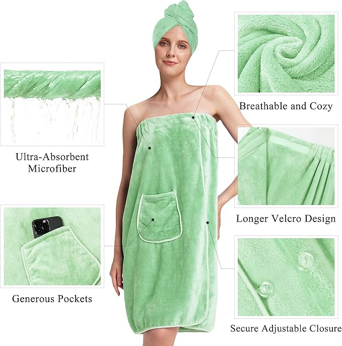 PJGGZ Towel Wrap for Women, Three Adjust Clasps Closure Bath Wraps After Shower Spa Sauna Bathrobe(Available in Plus Size)