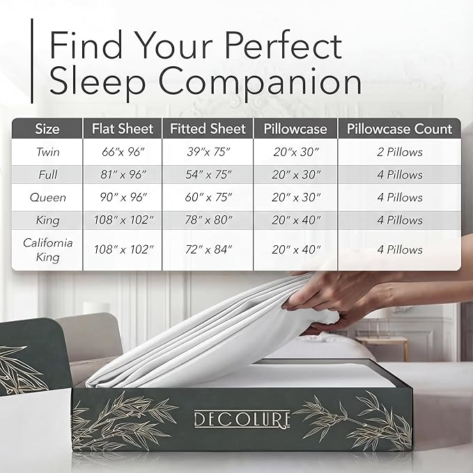 DECOLURE 100% Viscose Derived from Bamboo Sheets Full Size - Luxury 6 Pc Naturally Cooling Sheets, Ultra Soft Bed Set - Deep 17" Pockets, Durable Double Stitching, Oeko Tex Standard (White)
