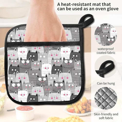 2 Pack Pot Holders for Kitchen Clearance, Cute Hot Pads, Funny Oven Pot Holders, Potholders Sets for Kitchen Heat Resistant Grey Cute Cats